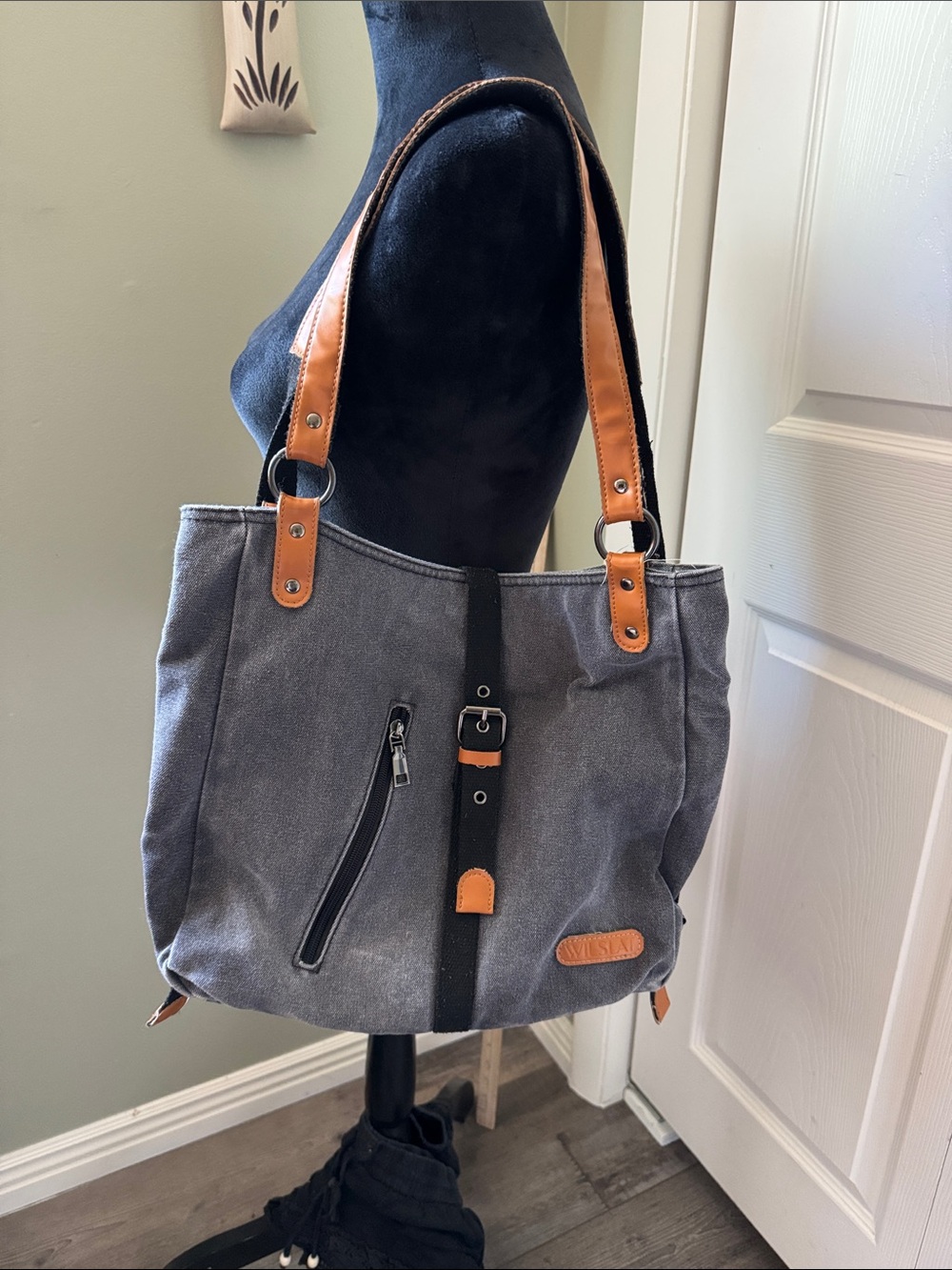 Canvas Shoulder Tote Bag with Tan Leather Trim - Gray